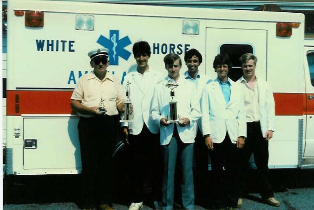 The ambulance crew and Chief Parmer displaying the  trophies from the Honey Brook Fire Co. housing parade... July 1986